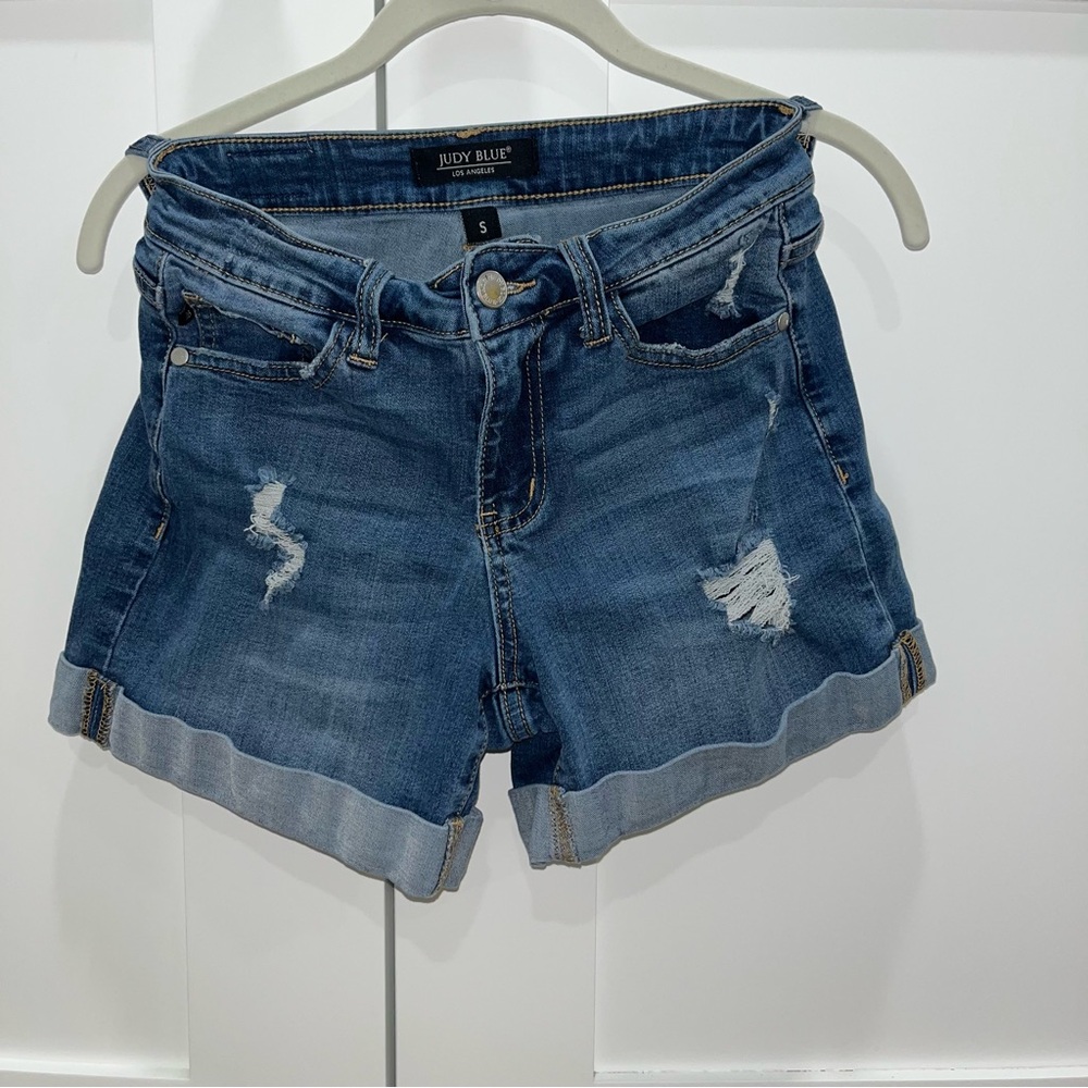 Judy Blue Blue Distressed Jean Shorts Mid-Rise